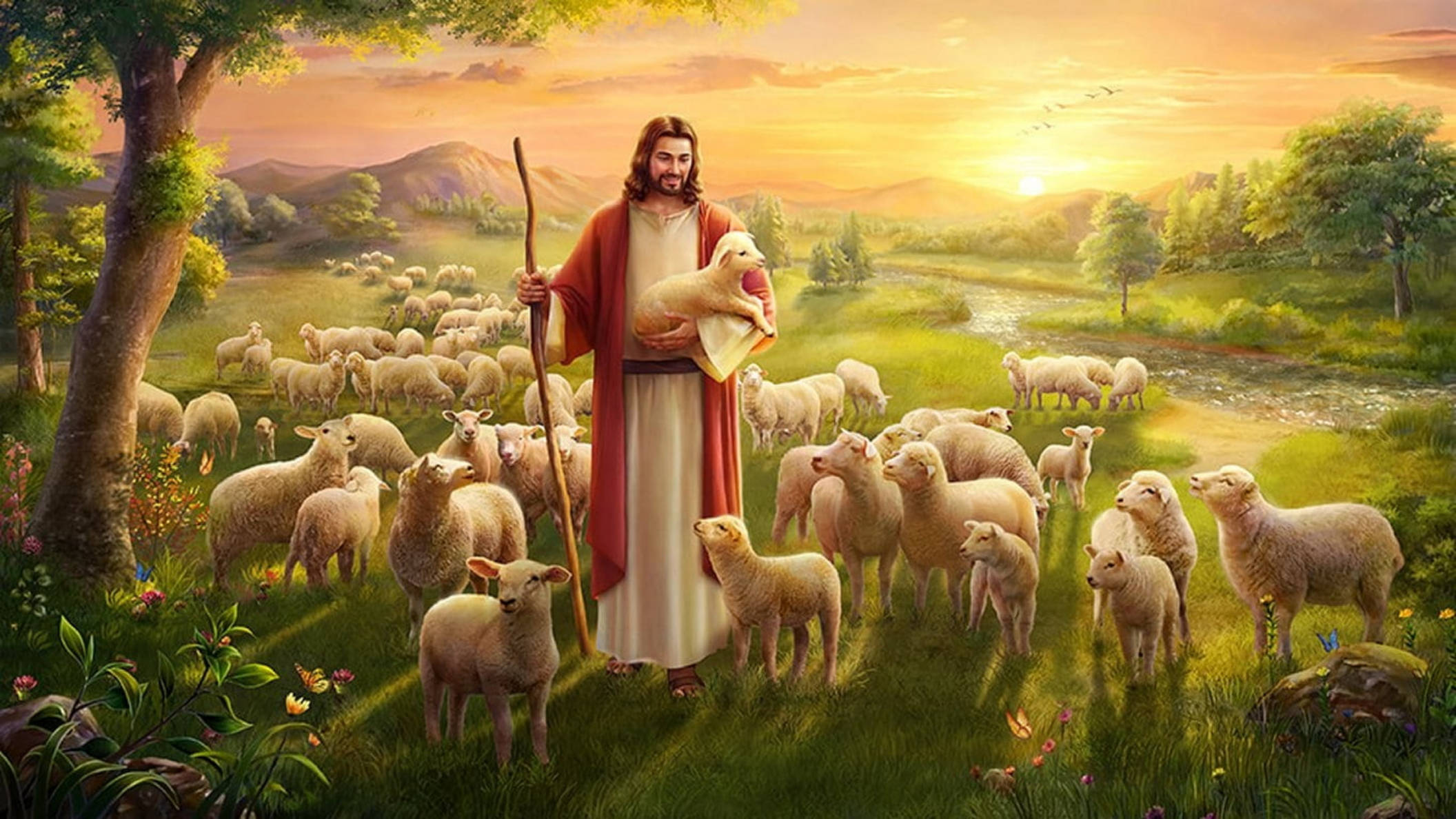 Jesus omgivet af lam skrivebordsbaggrund Wallpapers