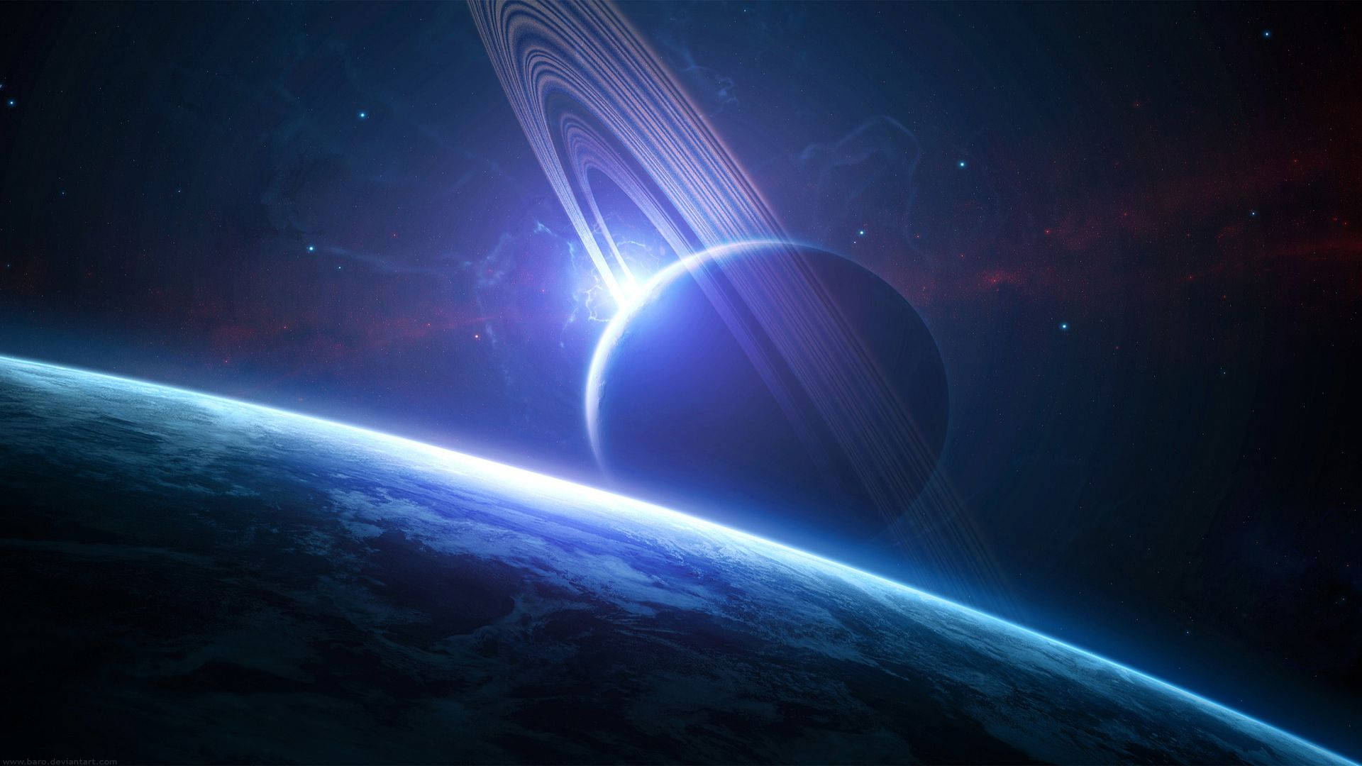 Jorden og Saturn 1920x1080 HD Rum Wallpapers