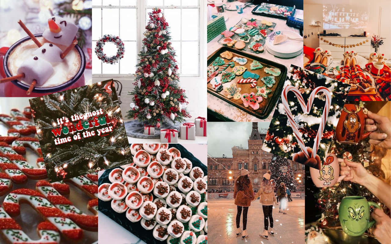 Julecollage med snemand og desserter til bærbar Wallpapers