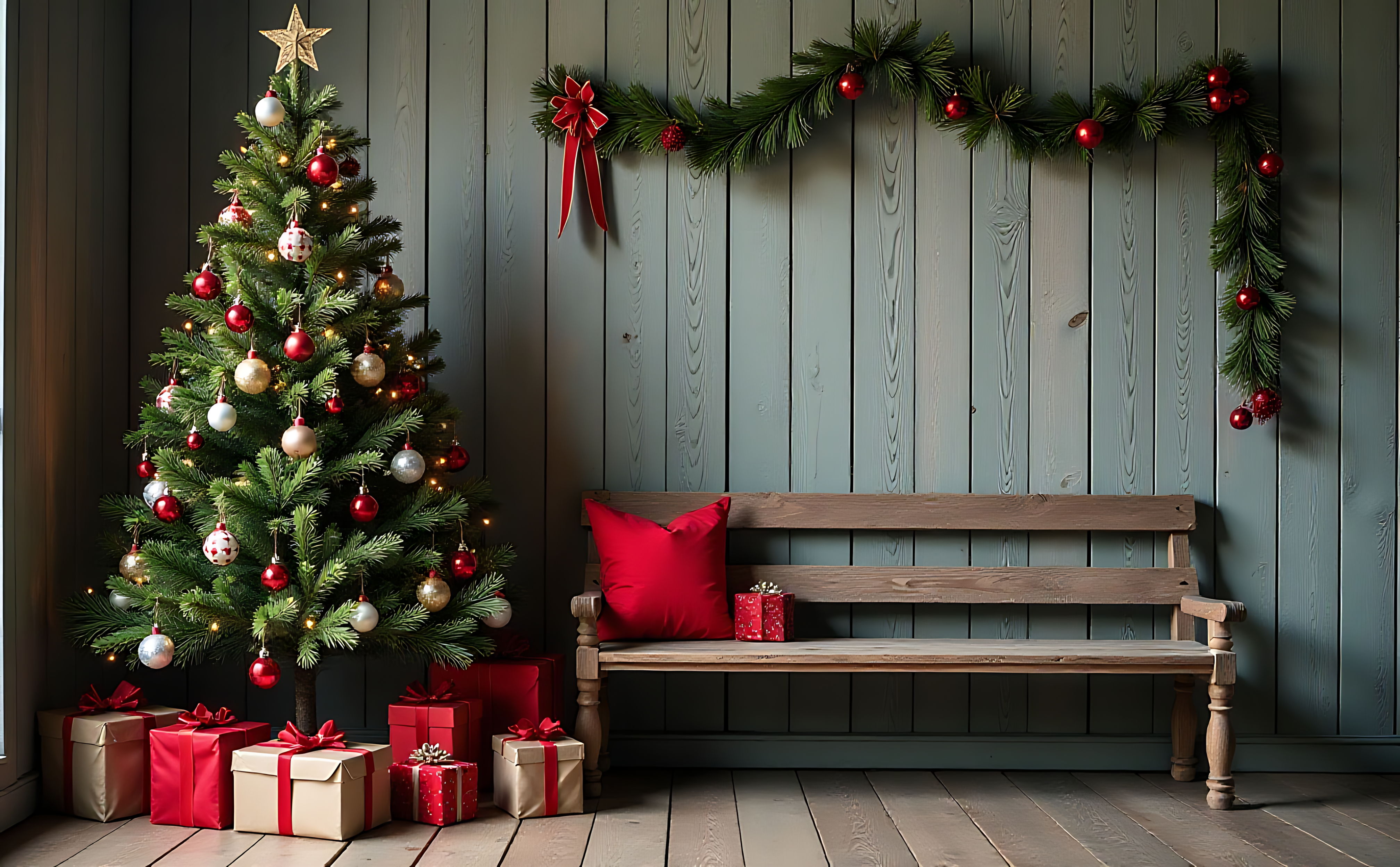 Juletræ med gaver og trævæg Wallpapers
