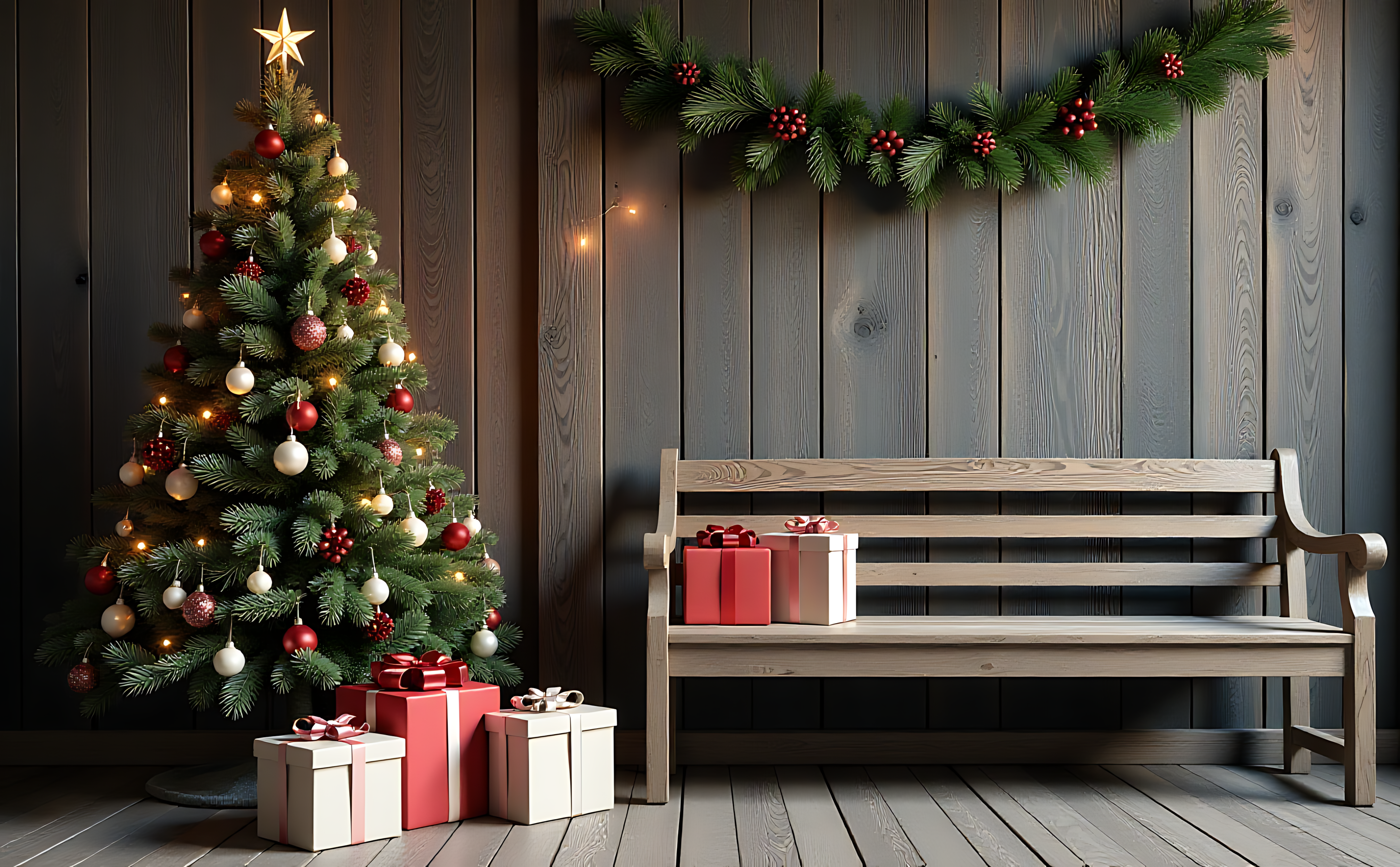Juletræ og hyggelig bænk med gaver Wallpapers