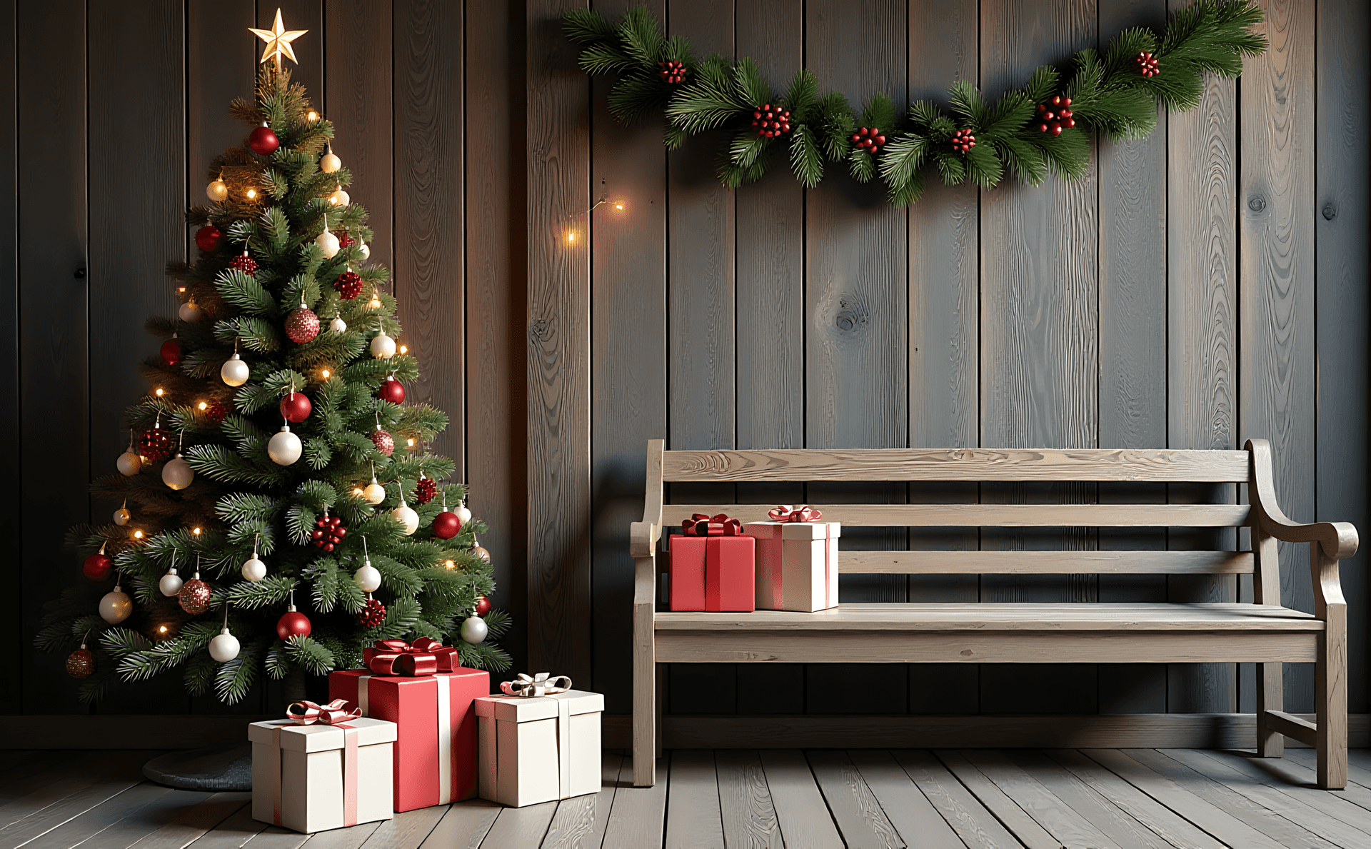 Jul,bænk,træ,gaver,hyggelig,højtid,dekoration,vinter,hjem,ornamenter,fyr,fejring,festlig,lys,indendørs