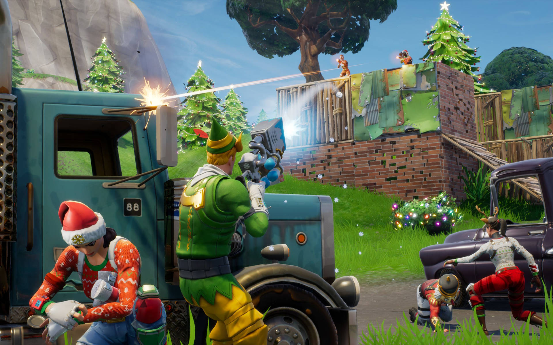 En Battle Royale-baggrund i juletiden fra spillet Fortnite. — Fortnite Wallpapers
