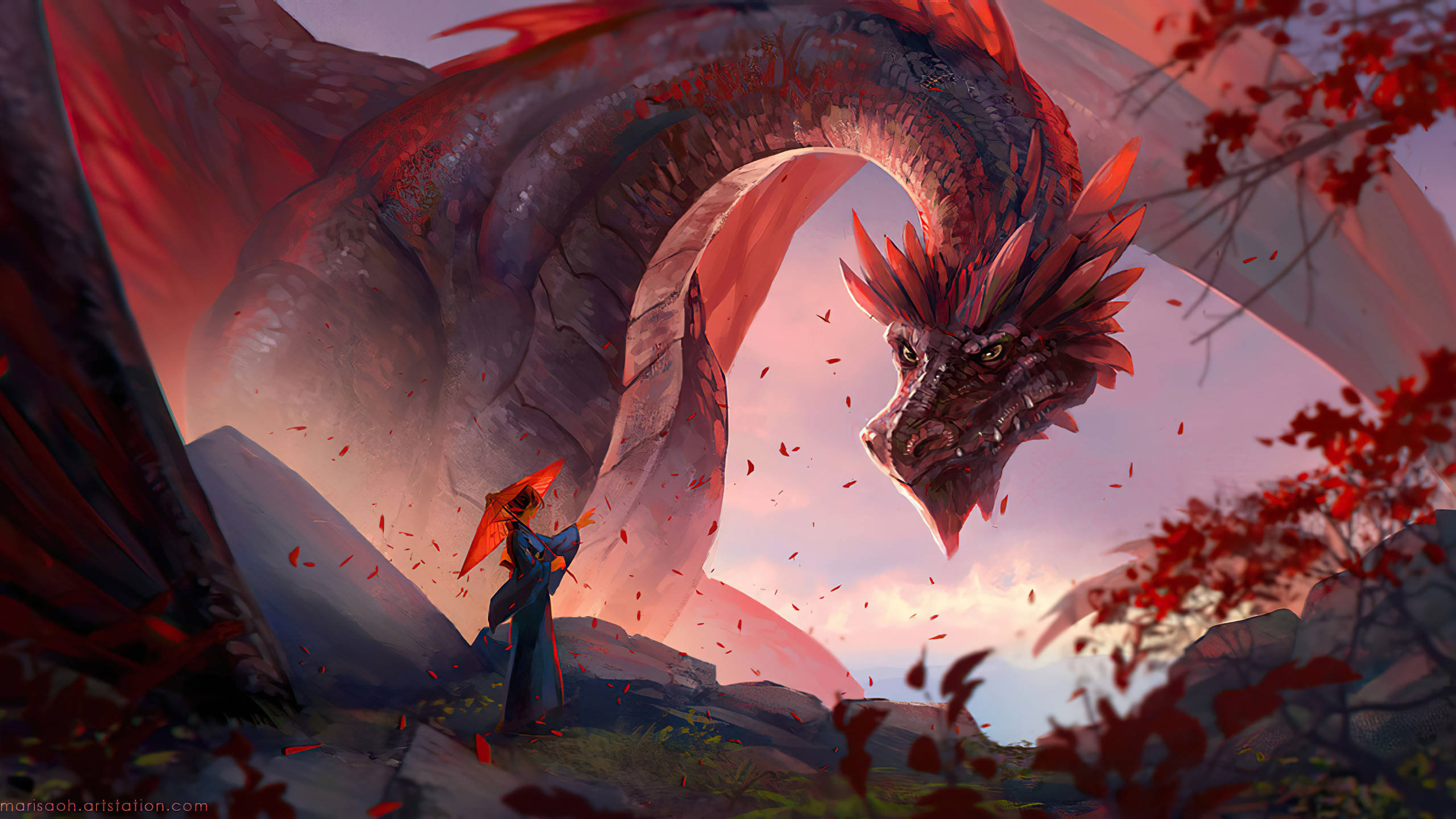 Kæmpe rød drage med pige Wallpapers