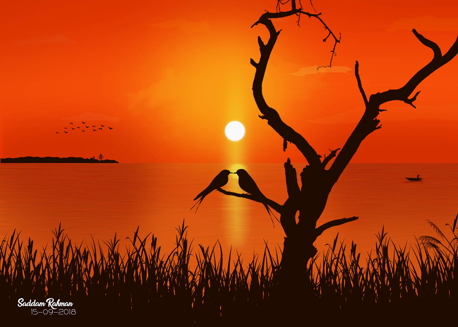 Silhuet af kærlighedsfugle siddende på en trægren mod den orange solnedgang og havet. Kærlighedskunst til Hjertedag. — Kærlighed Wallpapers
