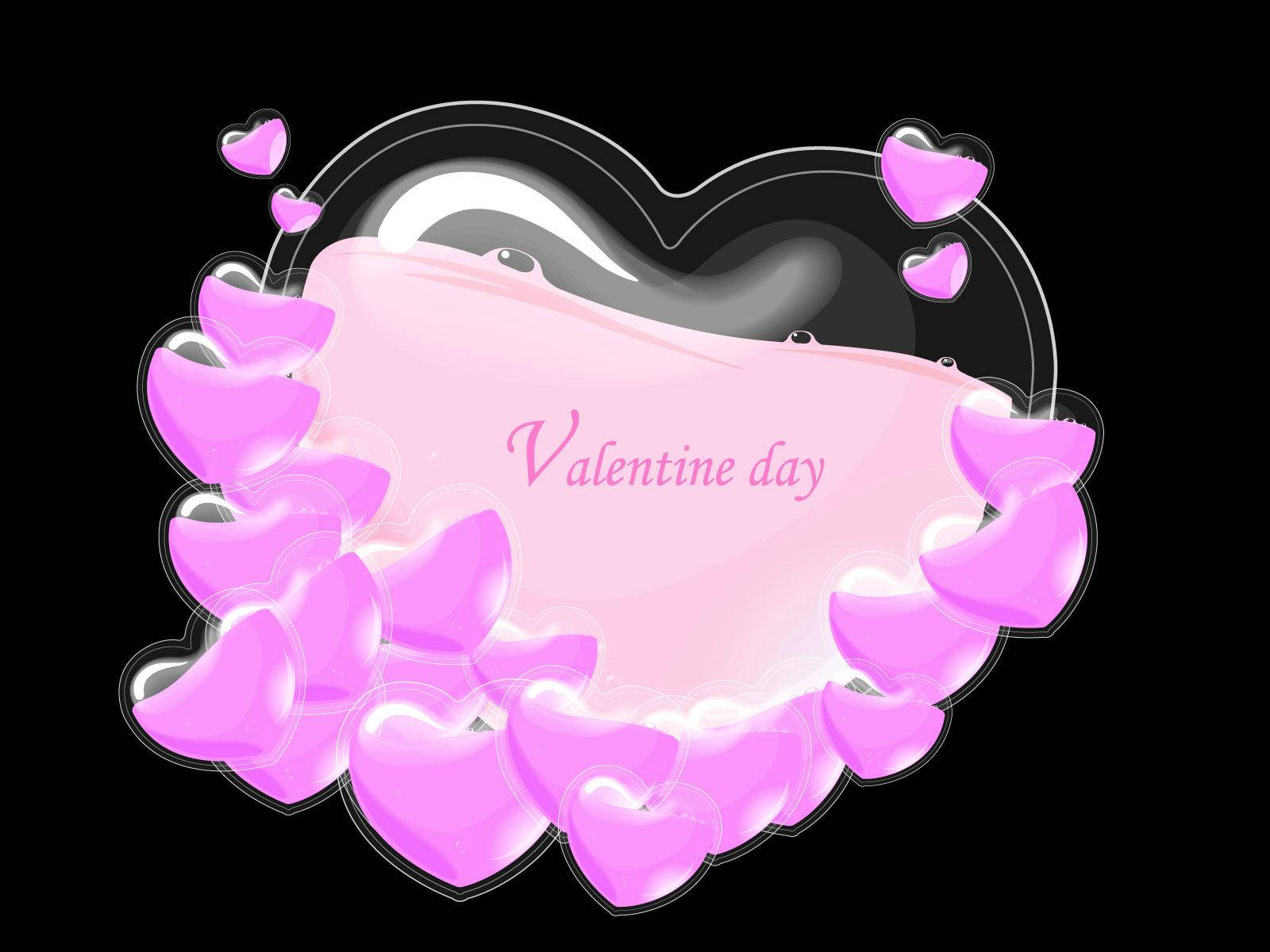Lyserød væskefyldte små kærlighedshjerter og store kærlighedshjerter med lyserød tekst, der siger "Valentinsdag" på sort baggrund. — Kærlighed Wallpapers