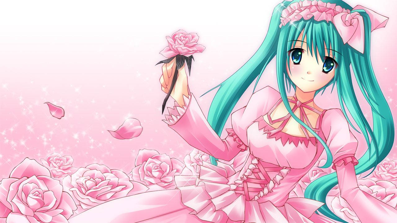 Kawaii Anime Hatsune Miku med lyserød kjole og roser Wallpapers