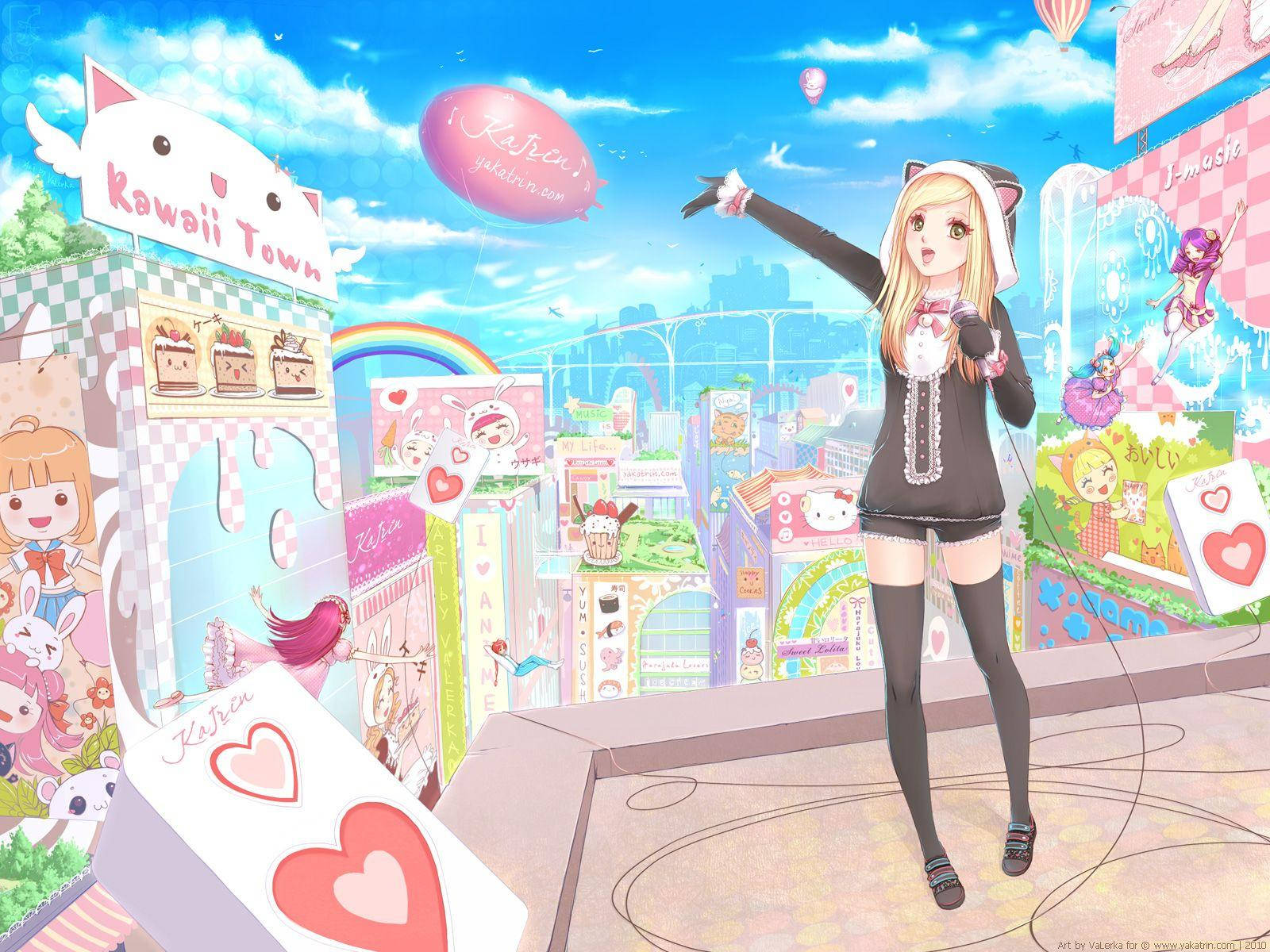 Kawaii Anime-pige omgivet af søde butikker Wallpapers