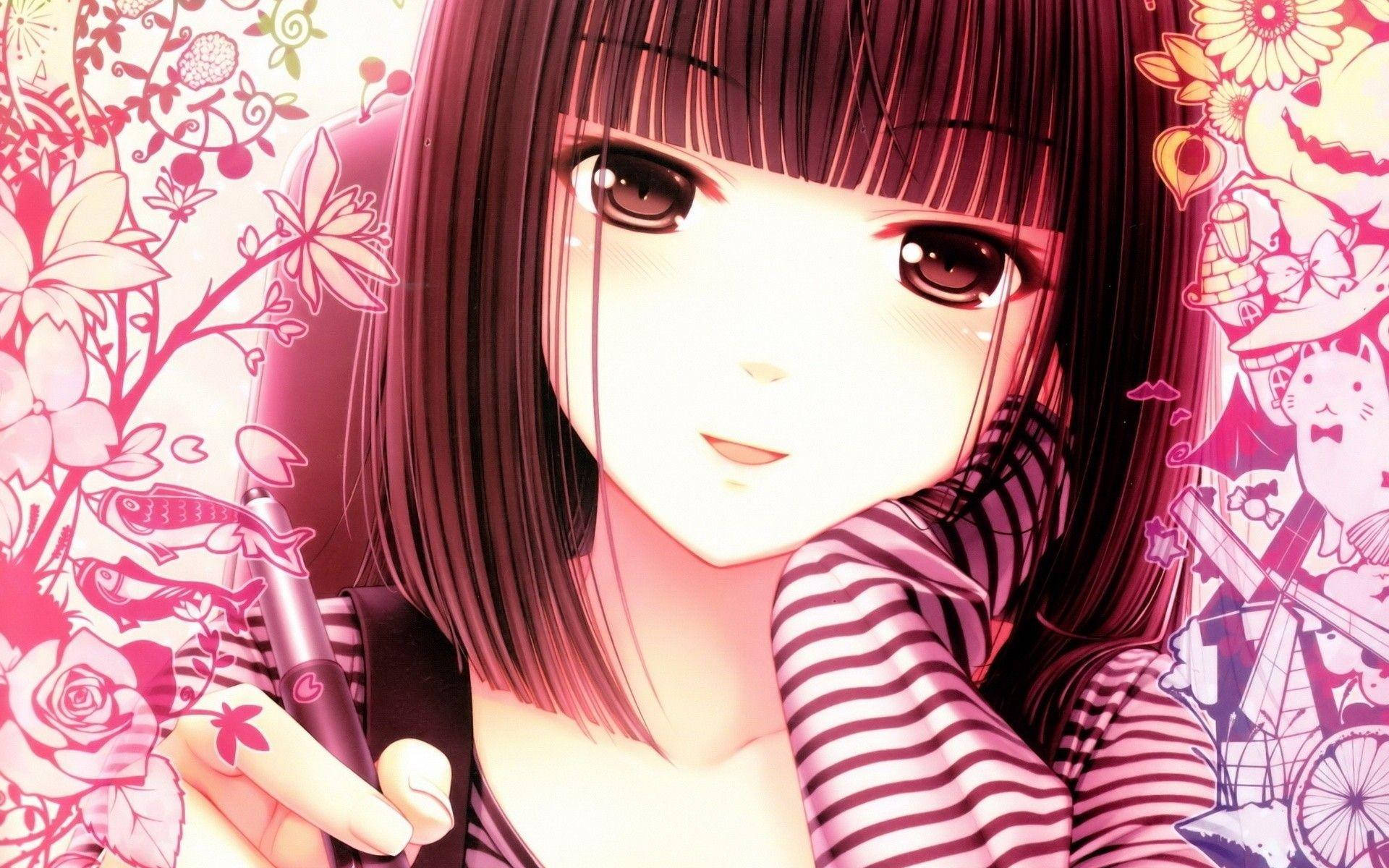 Kawaii Anime Pige med Pen og Tegninger Wallpapers