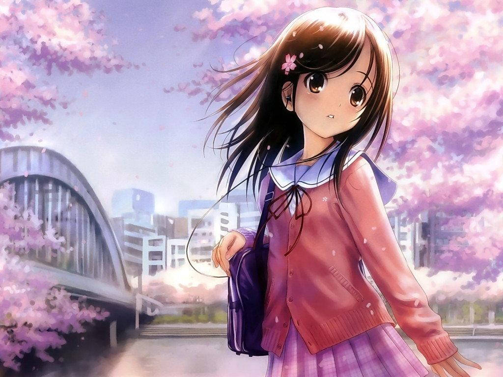 Kawaii Anime Pige med Kirsebærtræer Wallpapers