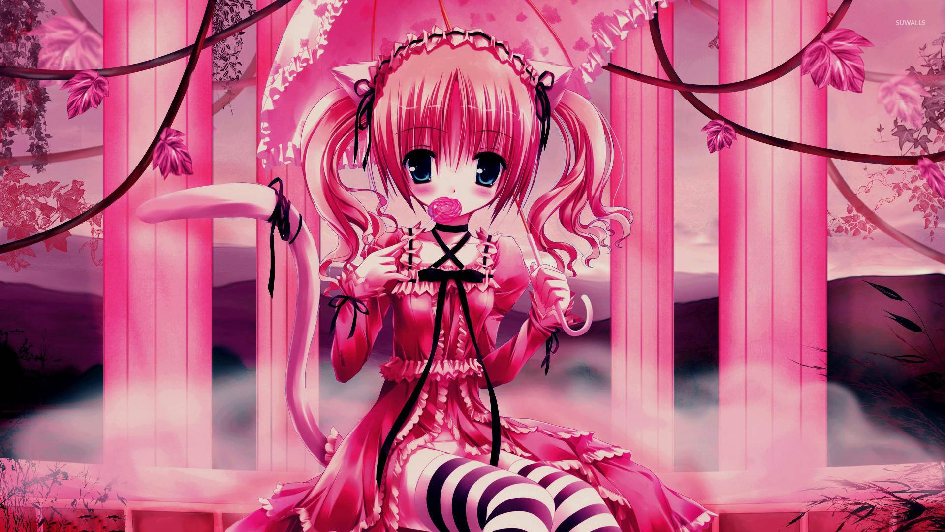 Kawaii Anime-pige i lyserøde søjler Wallpapers