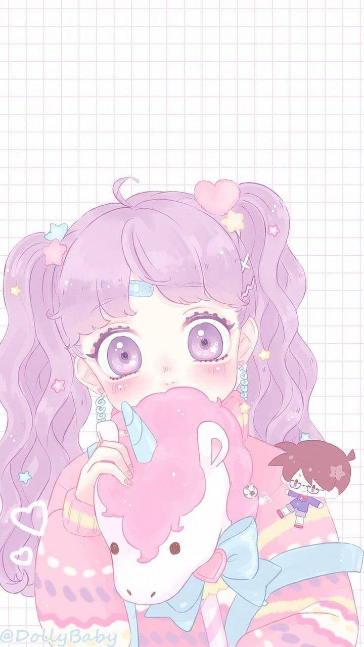 Kawaii Anime-pige med enhjørning-bamse Wallpapers