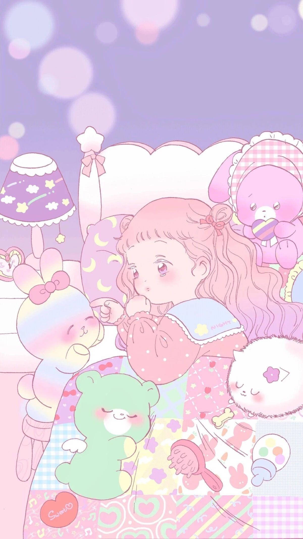 Kawaii Anime-pige på sengen med bamser Wallpapers