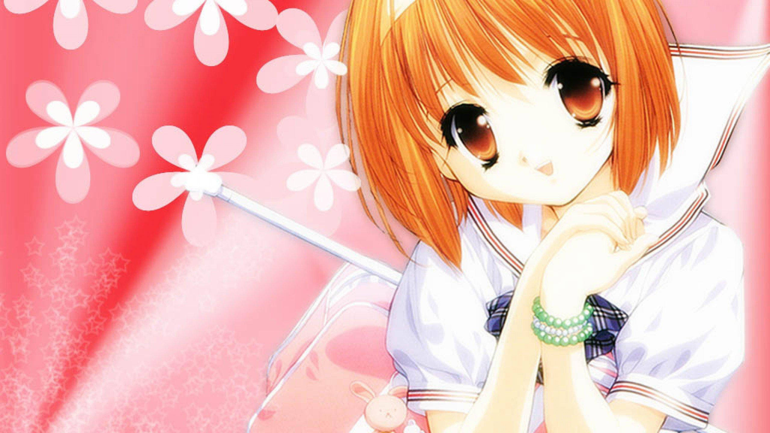 Kawaii Anime Skolepige Med Lyserøde Blomster Wallpapers