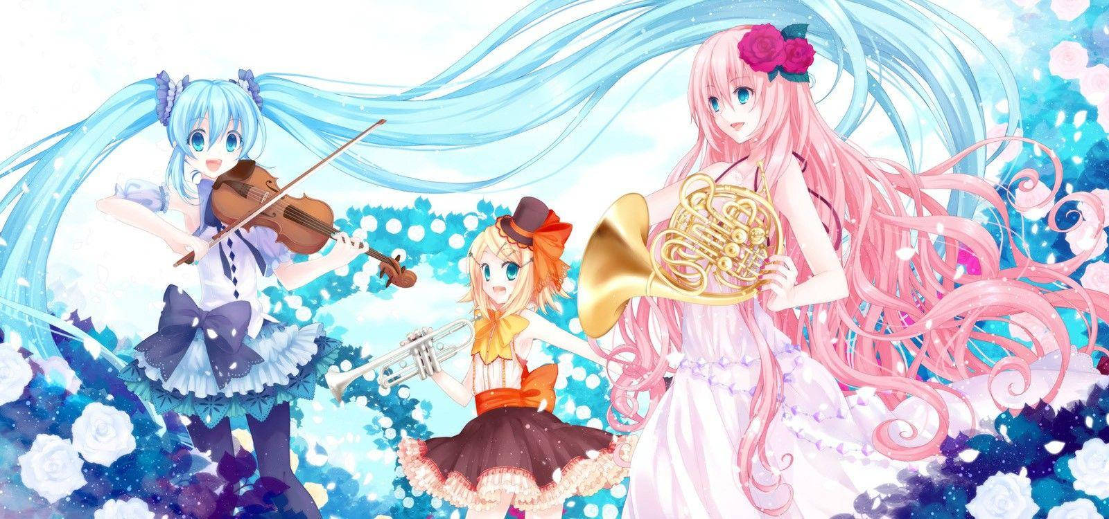 Kawaii Anime Vocaloider med Instrumenter Wallpapers