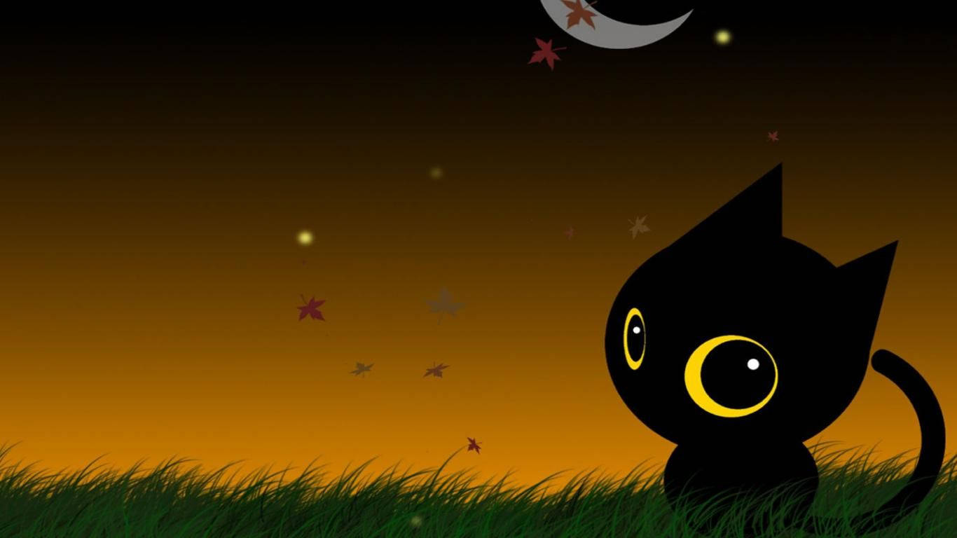 Kawaii Halloween-kat på græs Wallpapers