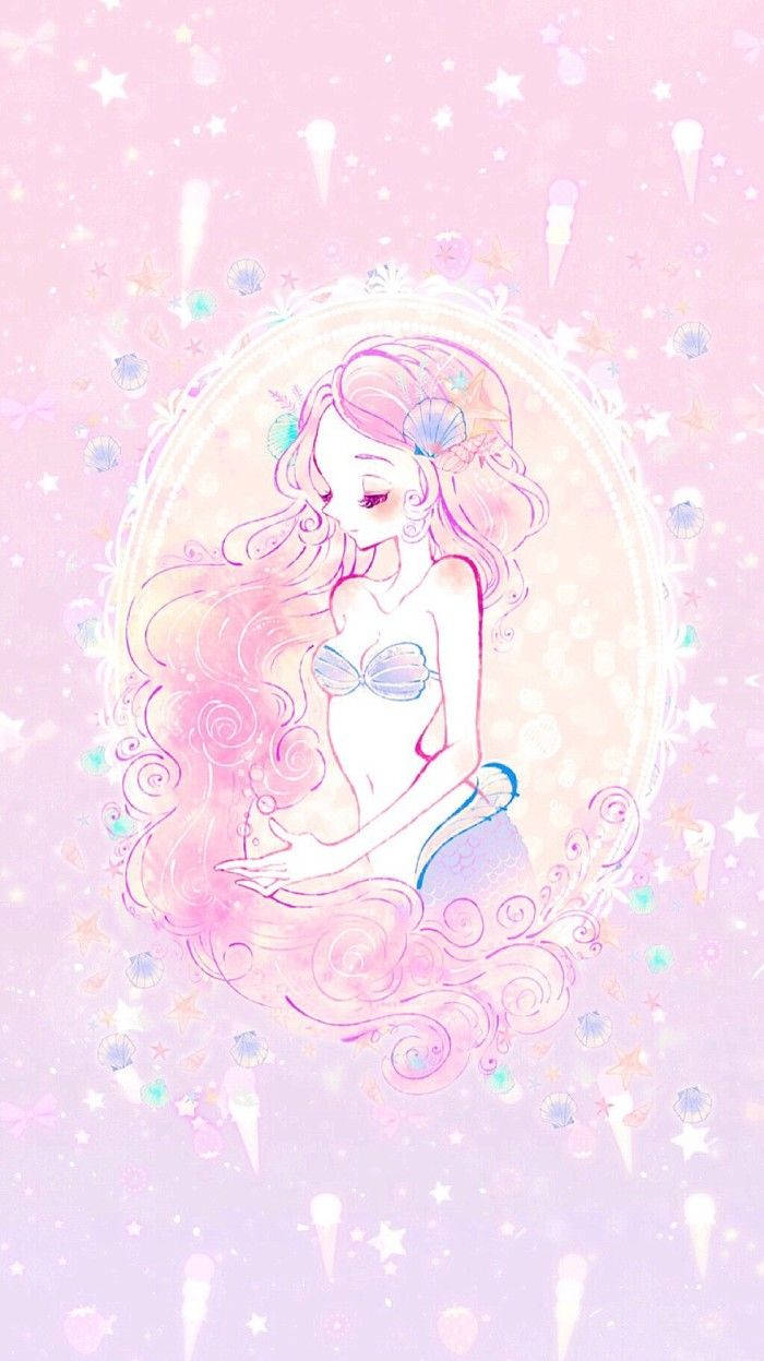 Kawaii lyserød havfrue i ramme Wallpapers