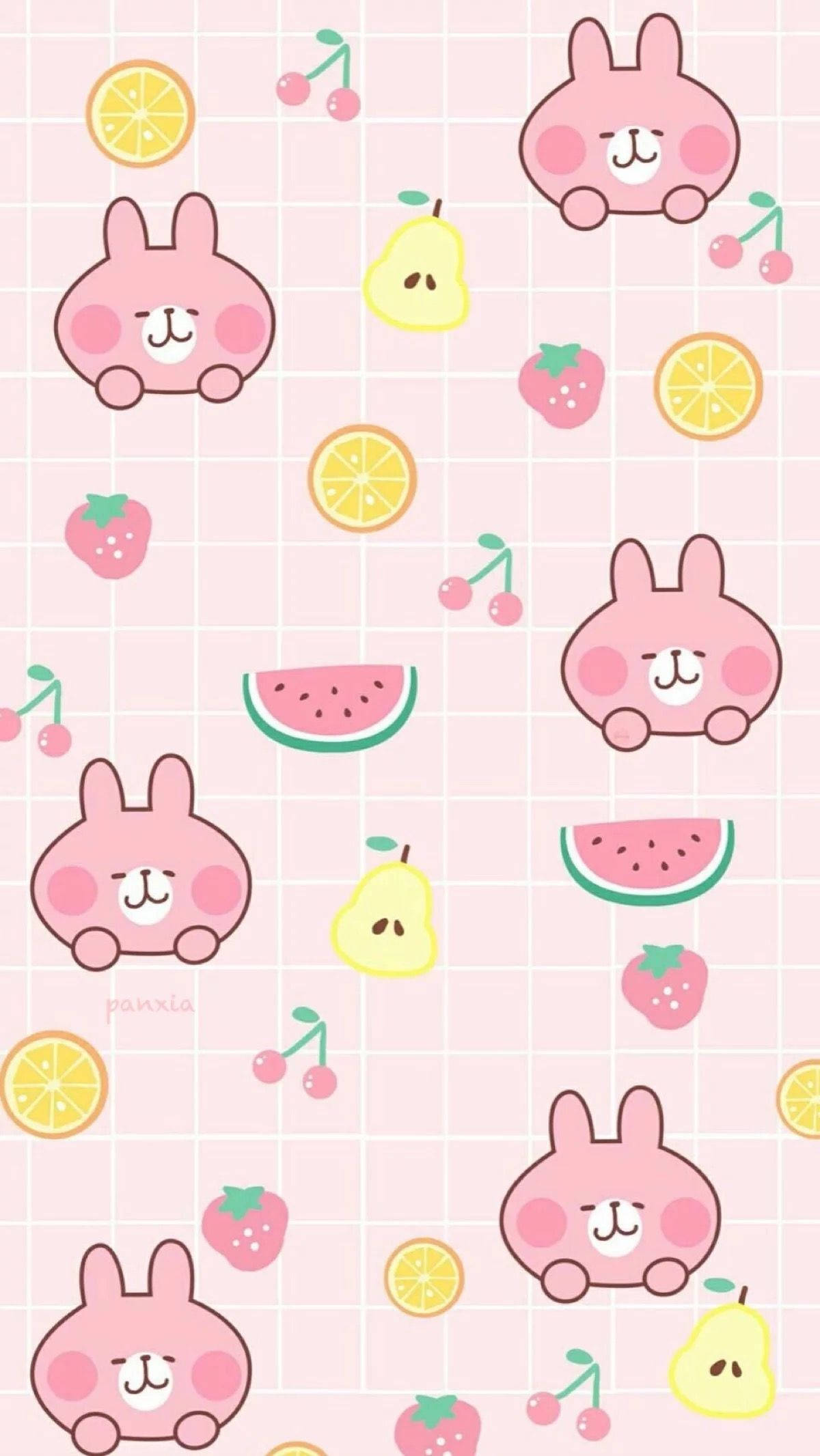 Kawaii pink kanin og frugtkollage Wallpapers