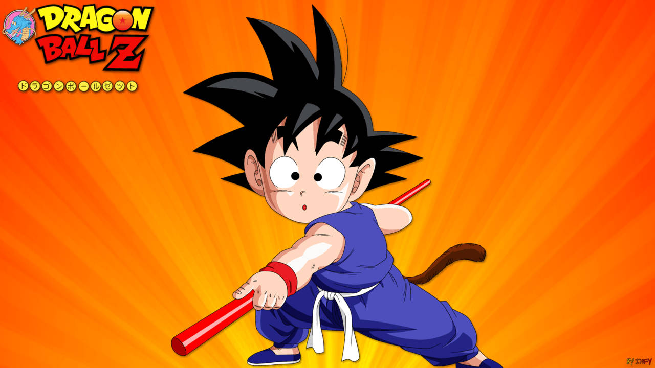 Baggrundsbillede af Kid Goku med orange Dragon Ball Z-plakatbaggrund. — Goku Wallpapers