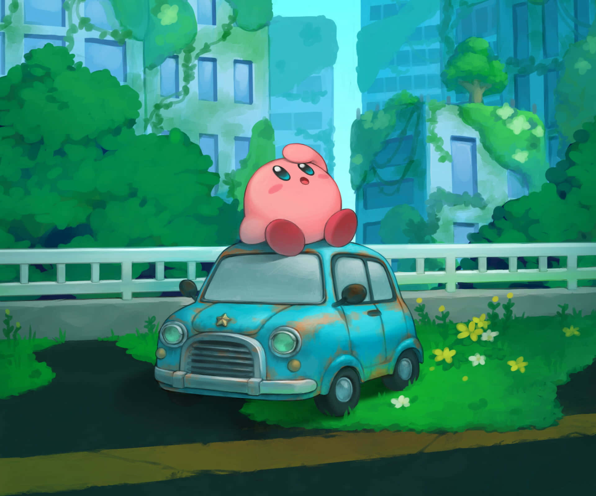 Kirby svæver gennem skyer på den lyserøde himmel Wallpapers