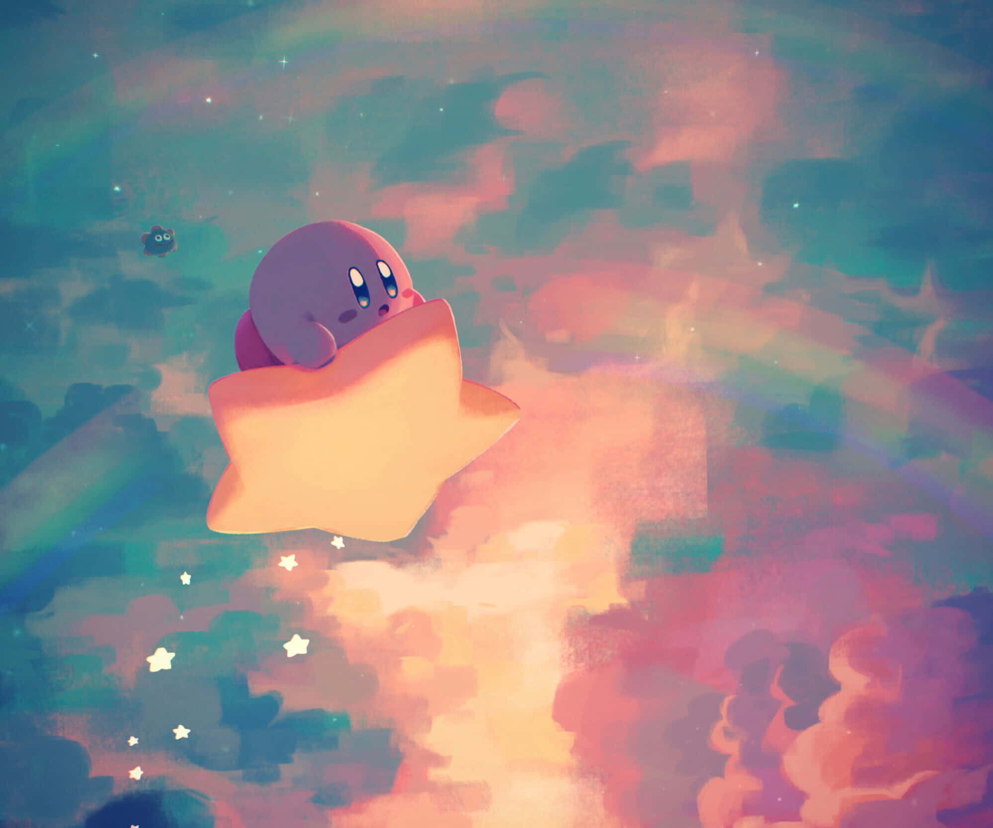 Kirby svæver gennem den livlige og farverige himmel. Wallpapers