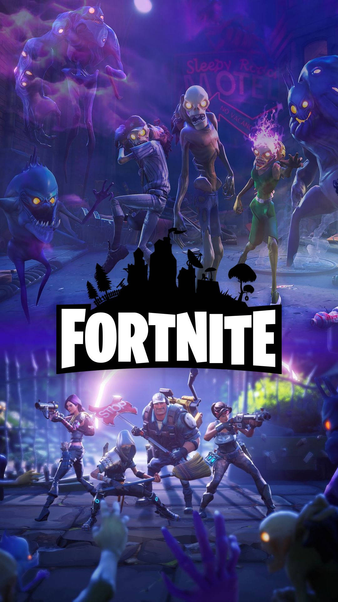 Zombier og mennesker kæmper mod hinanden med Fortnite-logo i HD. — Fortnite Wallpapers
