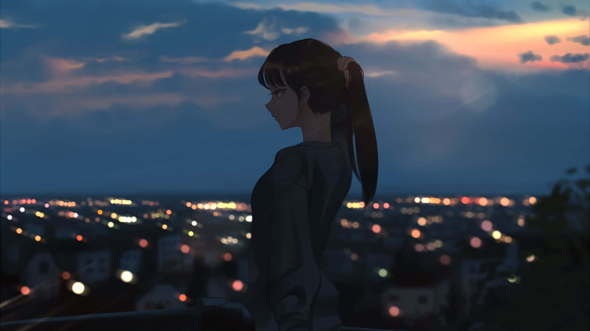 Kvinde ser ud over natlig anime-by Wallpapers