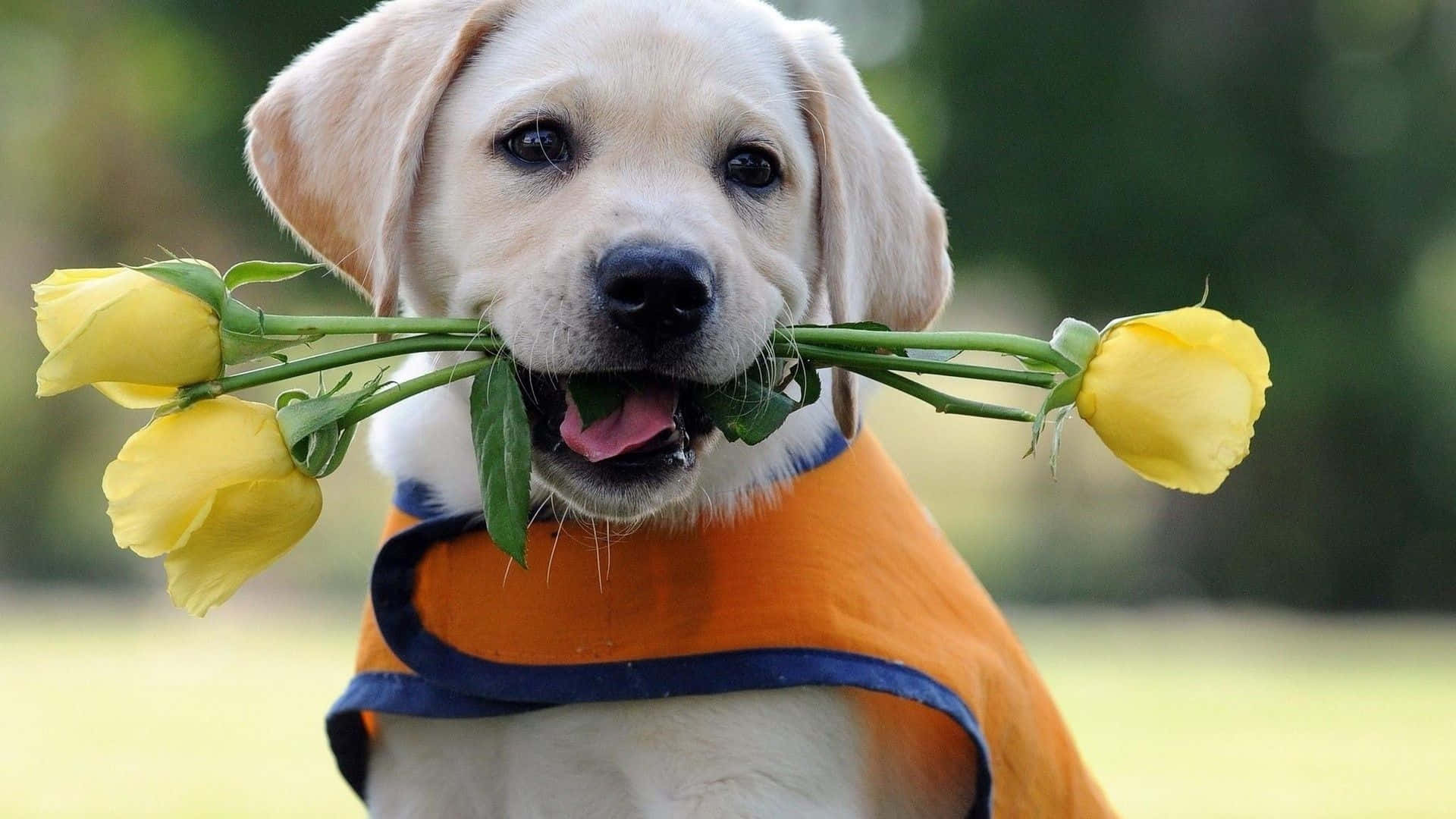 Labrador hvalp med gule roser billede Wallpapers