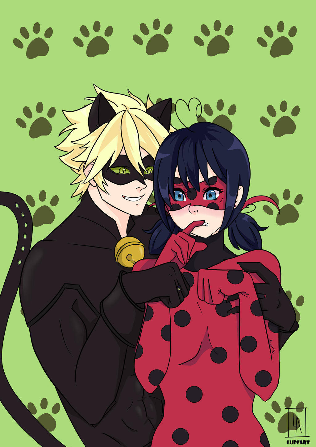 Ladybug og Cat Noir kysser med hundemønster Wallpapers