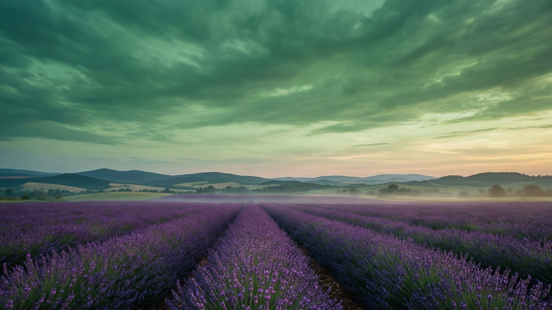 Lavendelmark under grøn himmel Wallpapers