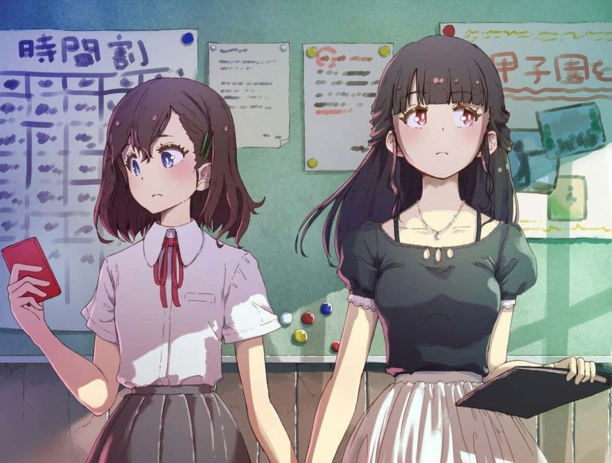 Lesbisk anime skolepige i klasseværelset Wallpapers