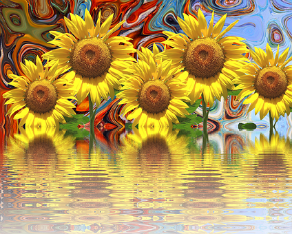 Levende solsikker med psykedelisk baggrund og refleksion Wallpapers
