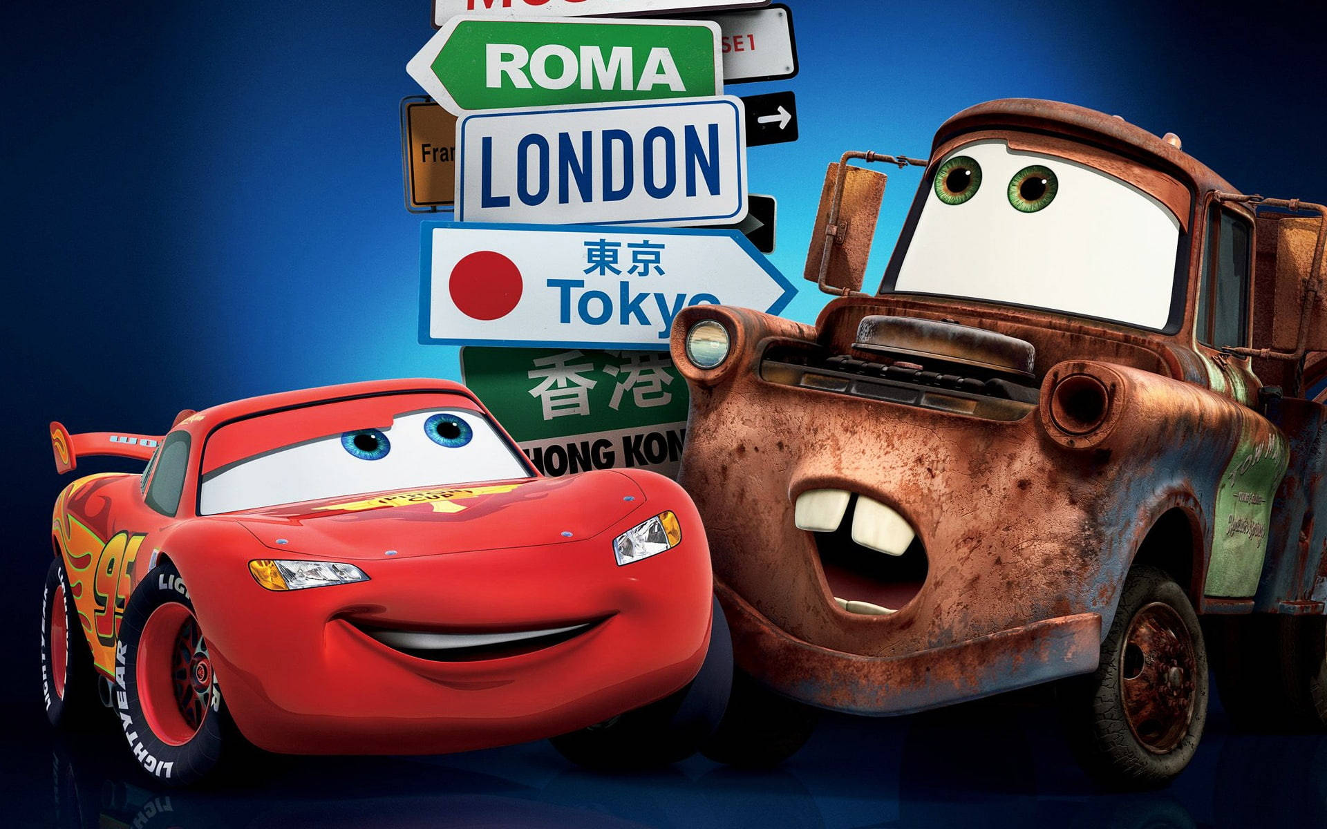 Lightning McQueen og Mater på et stort eventyr i Cars 2 Wallpapers