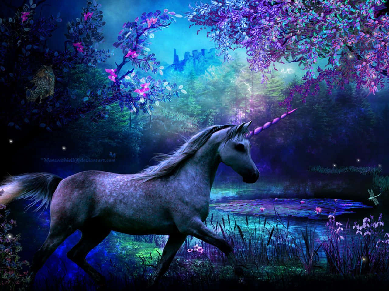 Lilla enhjørning løber i skoven Wallpapers