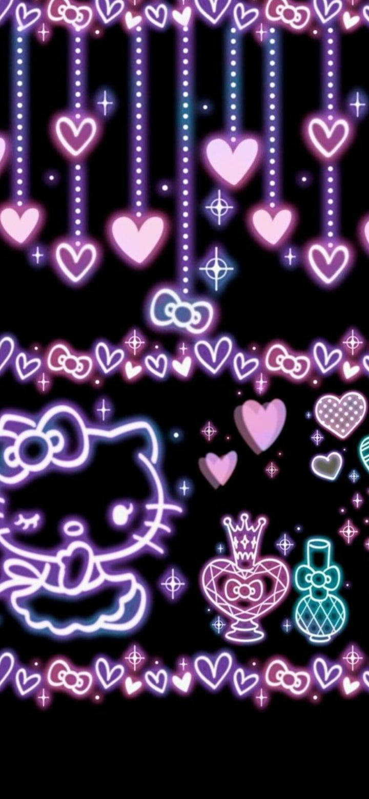 Lilla neon Hello Kitty på sort baggrund Wallpapers