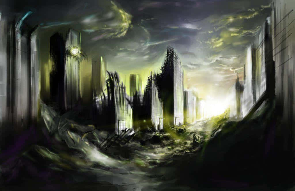 Livagtigt udsyn over en ødelagt by baggrund Wallpapers