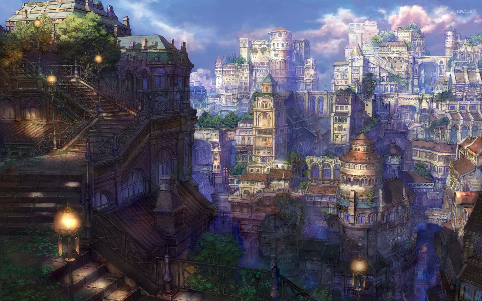 Livlig bysilhuet af en fantastisk animeby Wallpapers