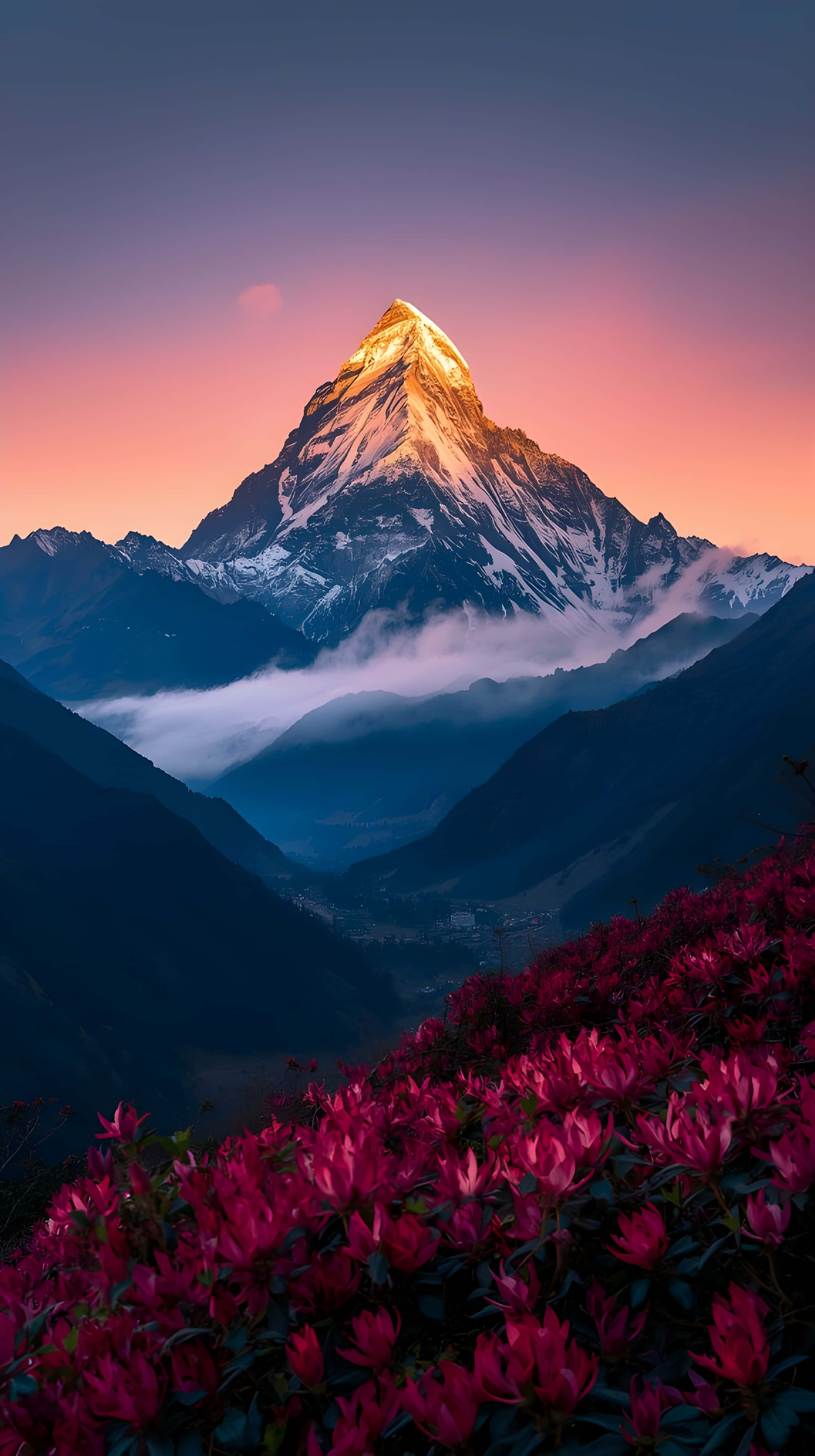 Lodret himalayansk solnedgangslandskab med lyserød flora Wallpapers