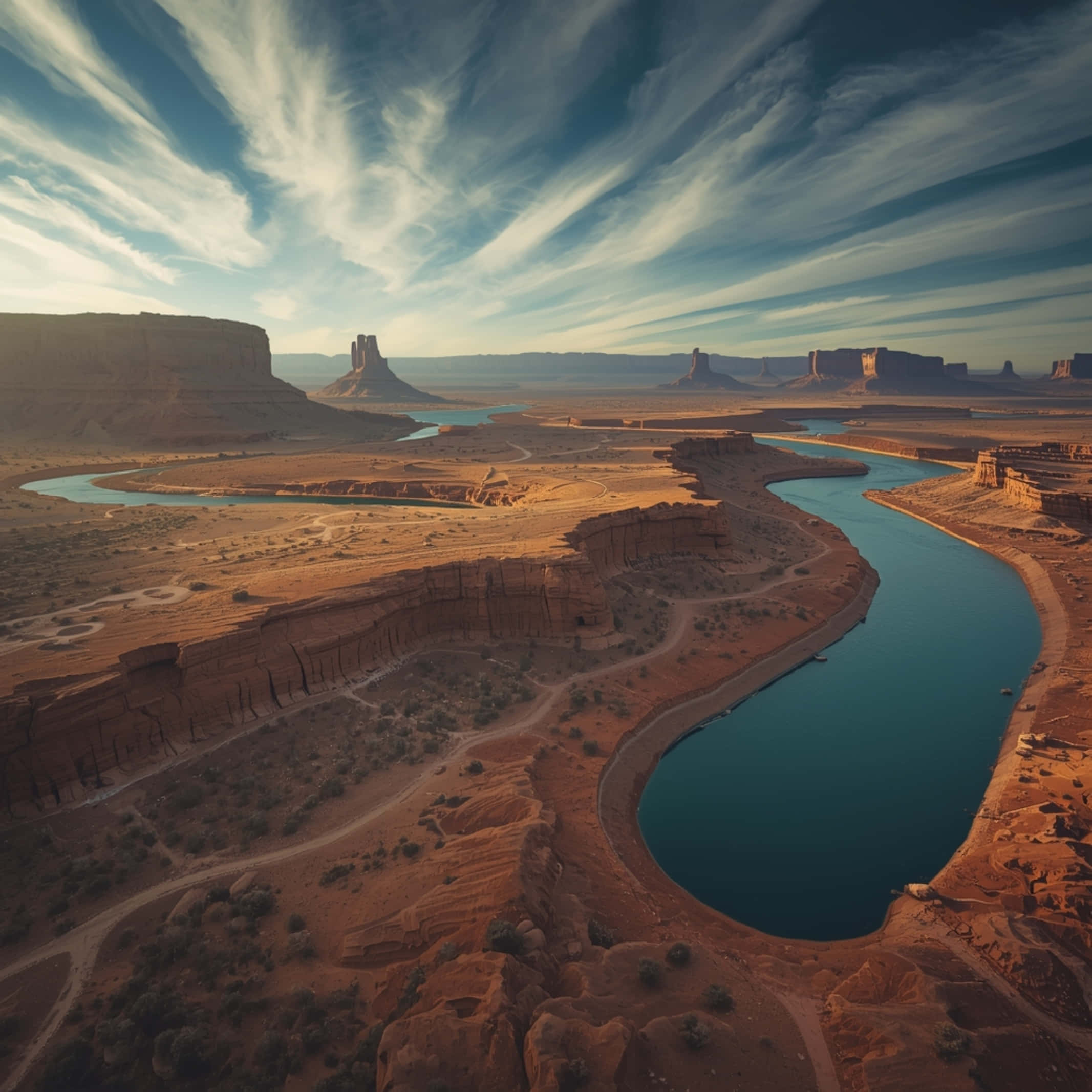 Luftfoto af dramatisk ørkenkløft med bugtende flod og sandstensformationer i det sydvestlige USA Wallpapers