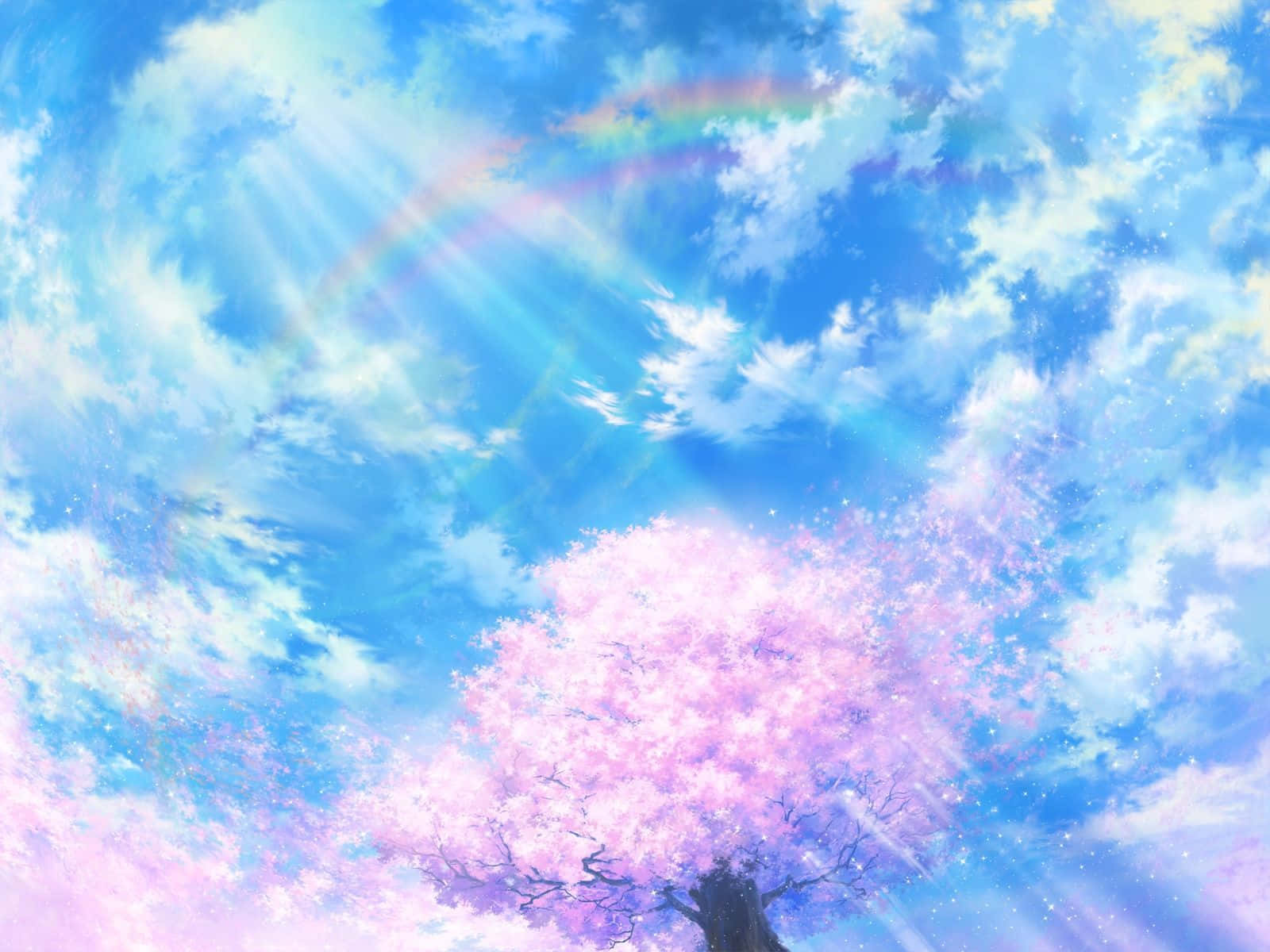 Lys baggrund med kirsebærblomster i anime-landskab Wallpapers