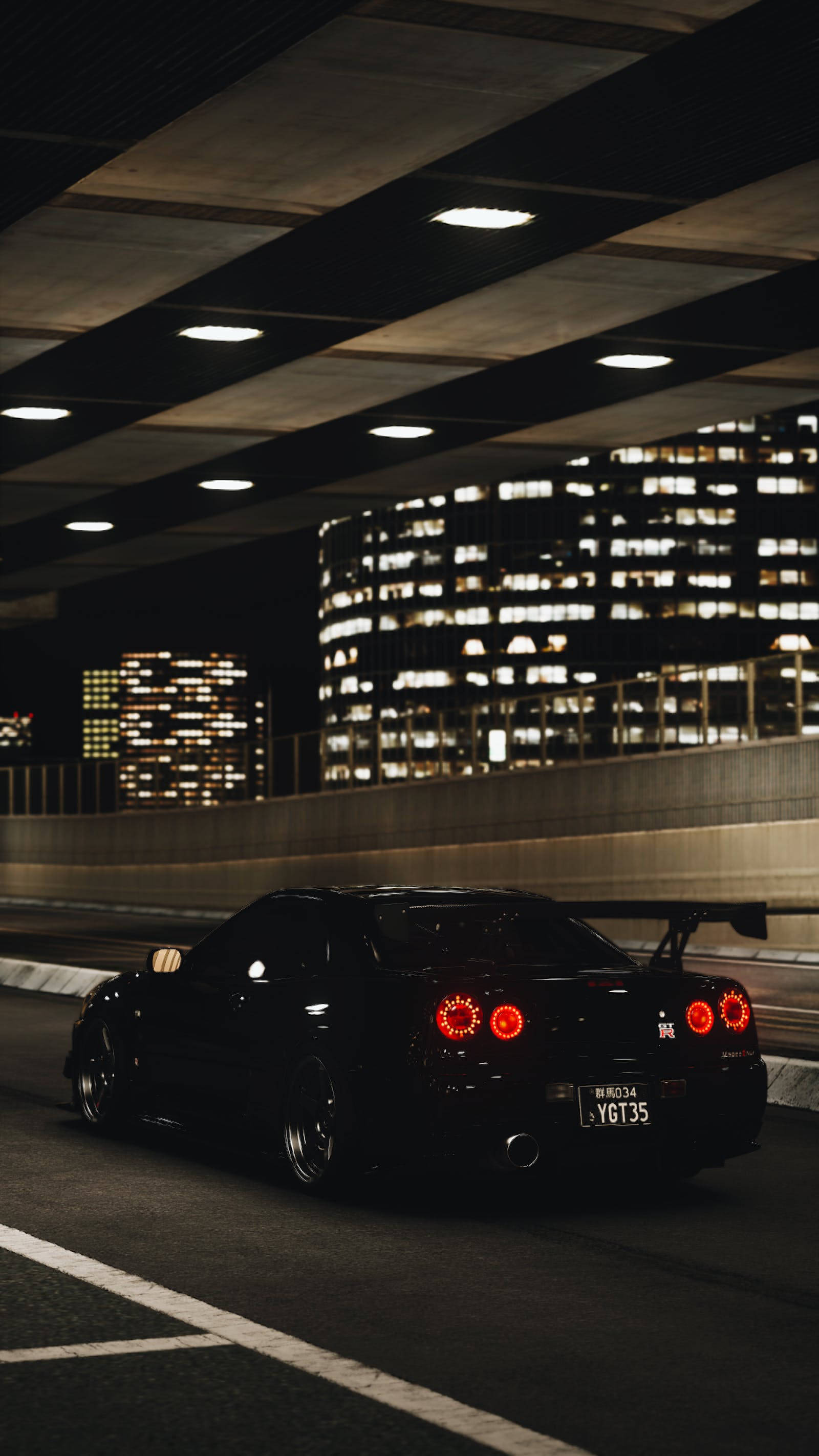 Lys og en sort Nissan GT R 4K Wallpapers