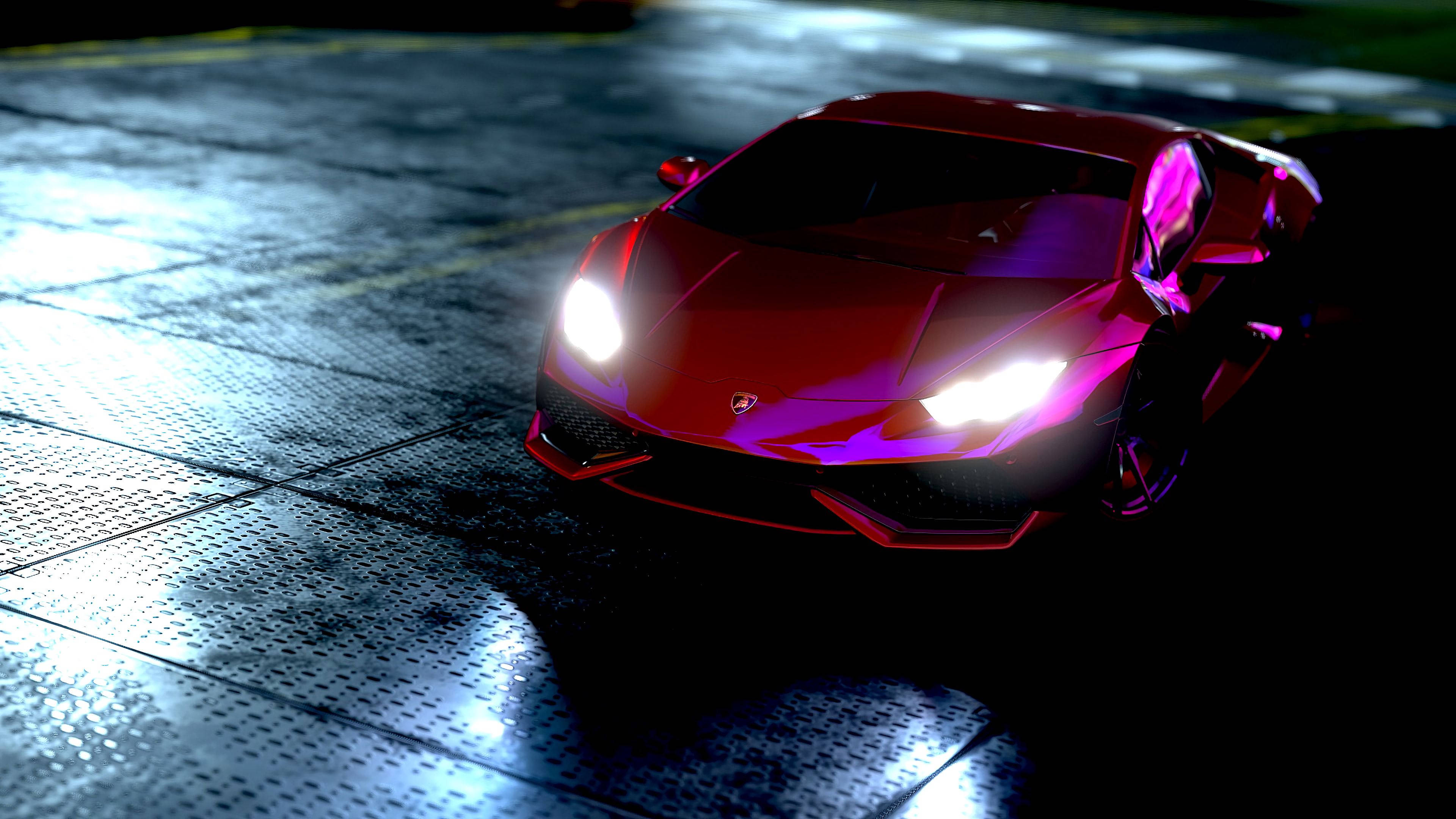 Lyse lys, storby: Rød Lamborghini Huracan med neonglød Wallpapers