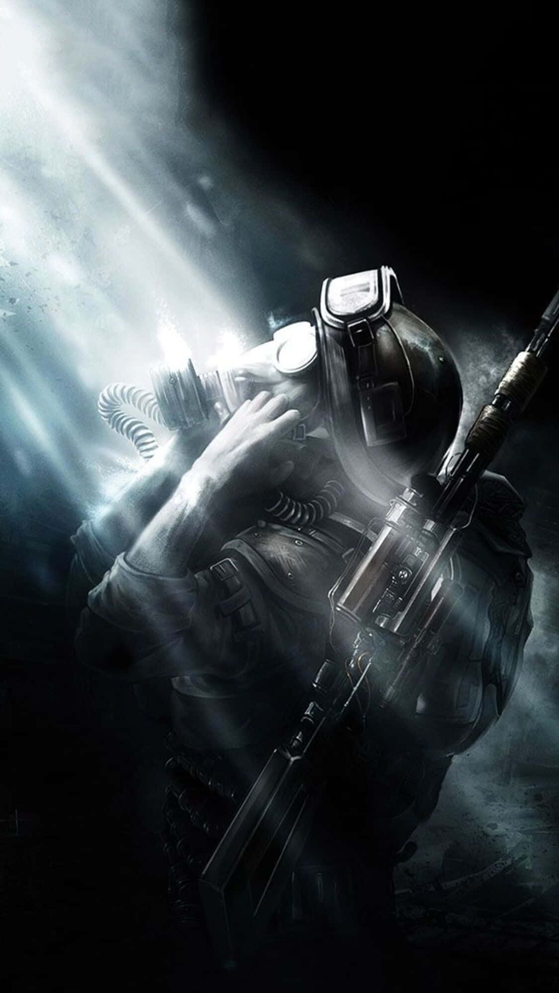 Lysende lys på en militærsoldat i det berømte spil Metro Last Light iPhone X-baggrund Wallpapers