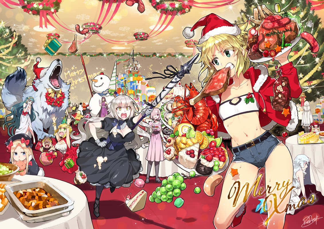Mærk glæden og varmen fra juletiden med denne festlige anime-julscene. Wallpapers
