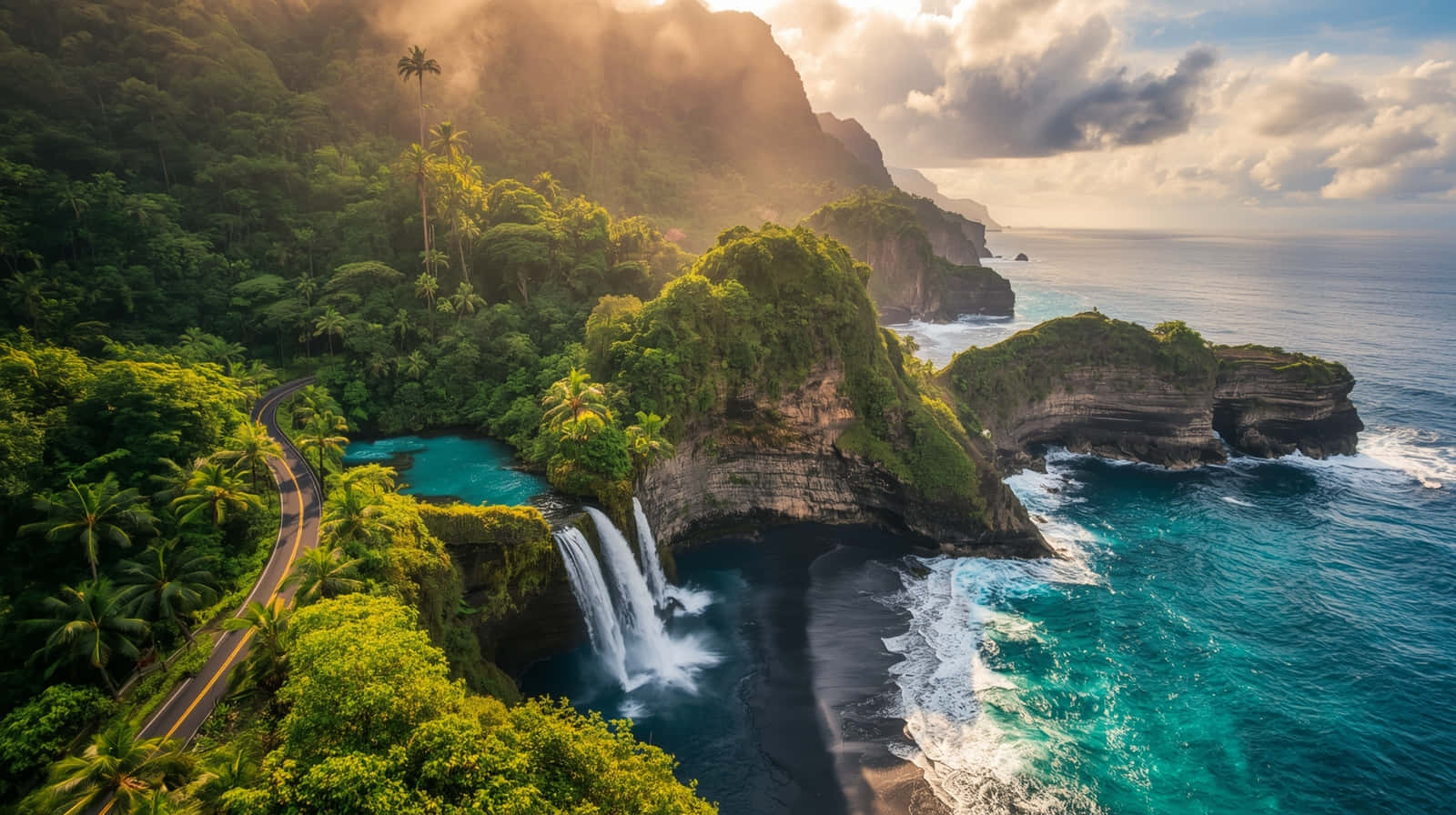 Majestætisk ø-bjergvej nær oceanet baggrund Wallpapers