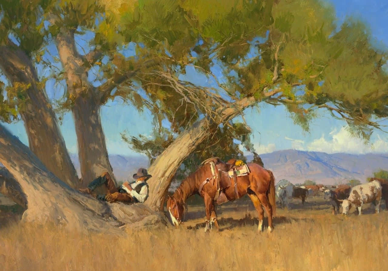 Maleri af hvilende western-cowboy til skrivebord Wallpapers