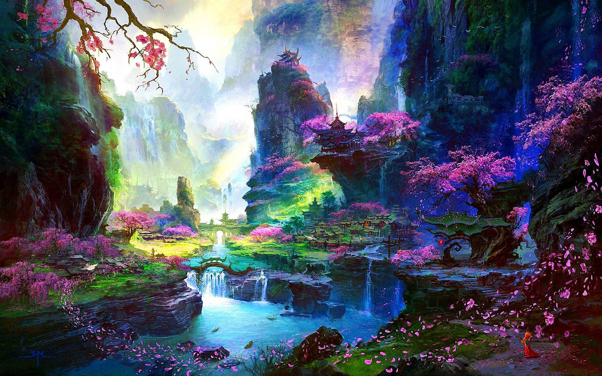 Malet kirsebærblomst kunst Wallpapers