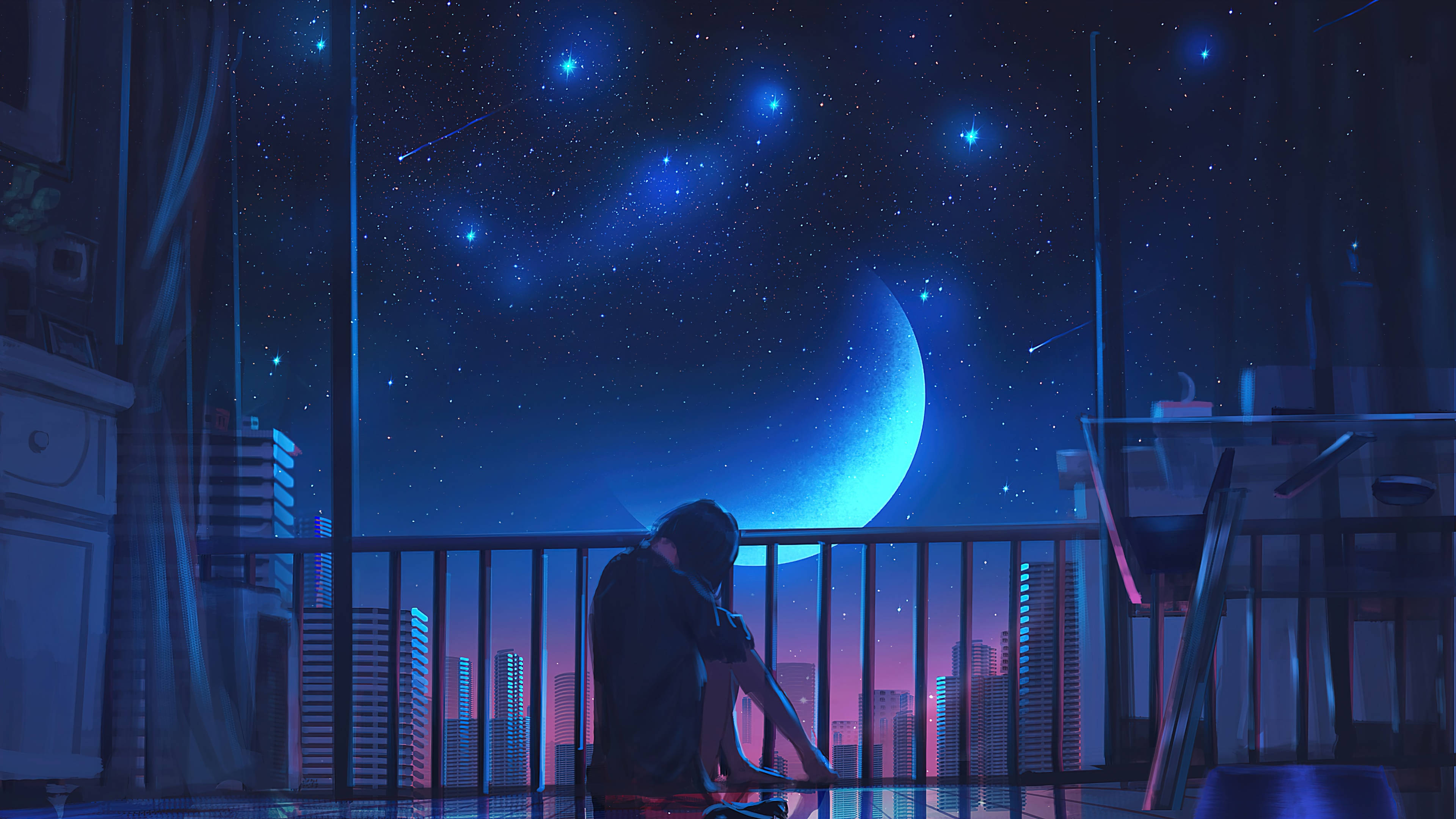 Måne 4K Anime Pige På Altane Wallpapers