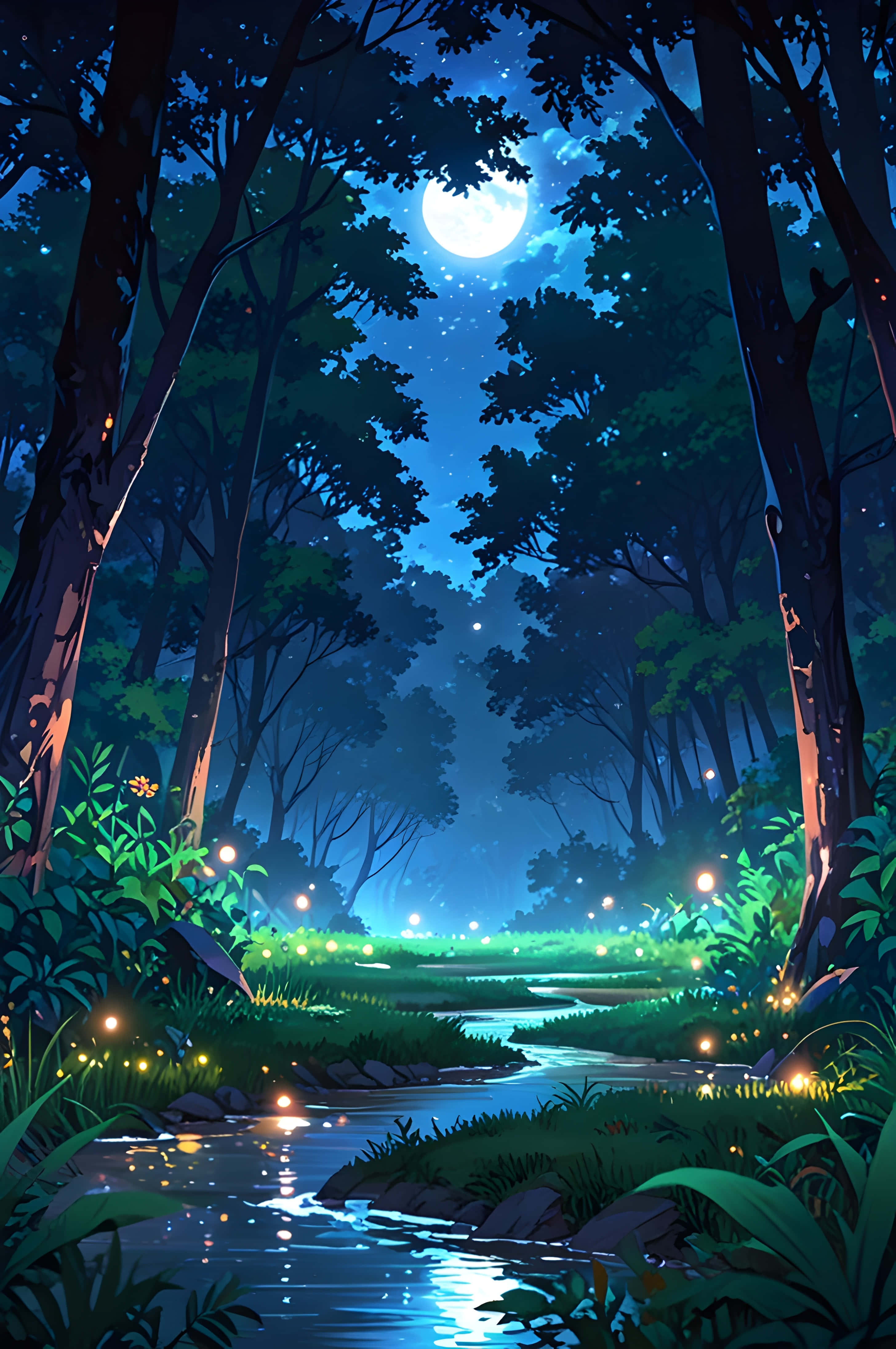 Månebelyst skovflod Wallpapers