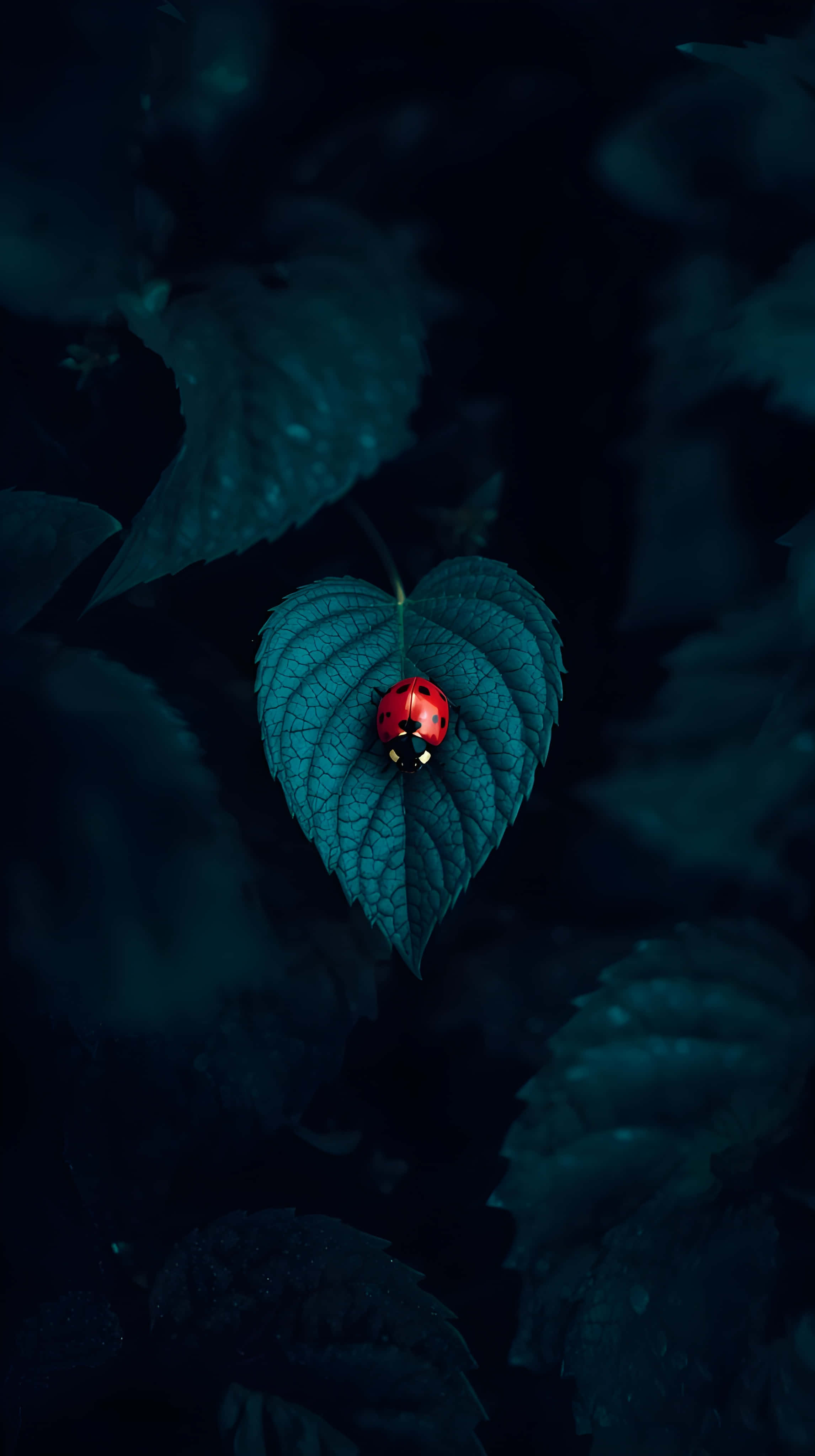 Mariehøne på et dybt blågrønt blad Wallpapers
